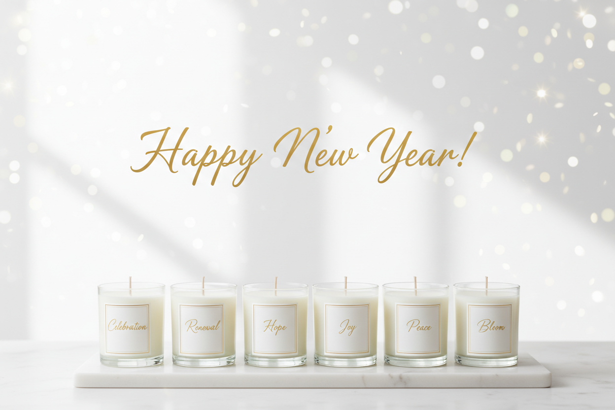 Create me a photo that says: "Happy New Year!" and have our candles lined up at the front of it. I want this photo to be very clean, minimalistic and easy on the eye.